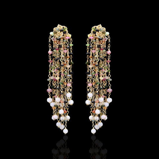 Multi Tourmaline Round Rosario Chain Earrings in Silver
