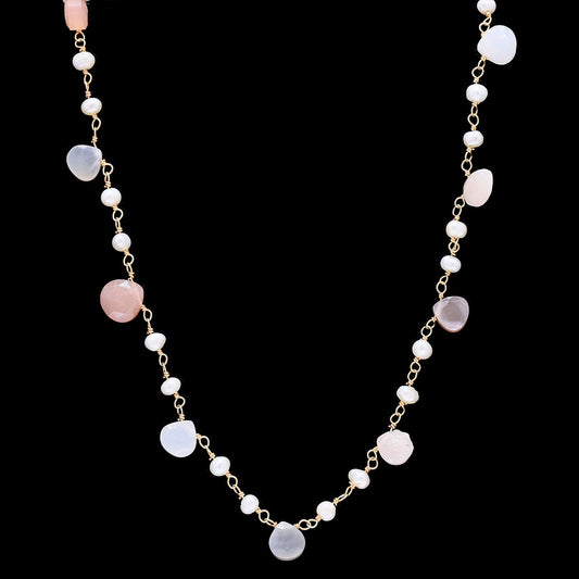 Multi Moonstone Drops with 2 Pearl Necklace