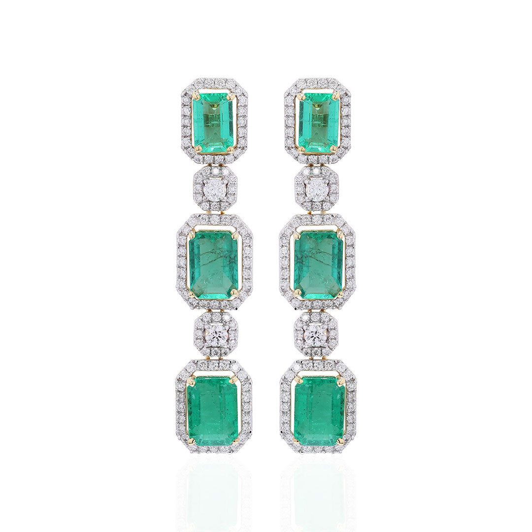 Zambian Emerald & Diamond Octagon Drop Earrings