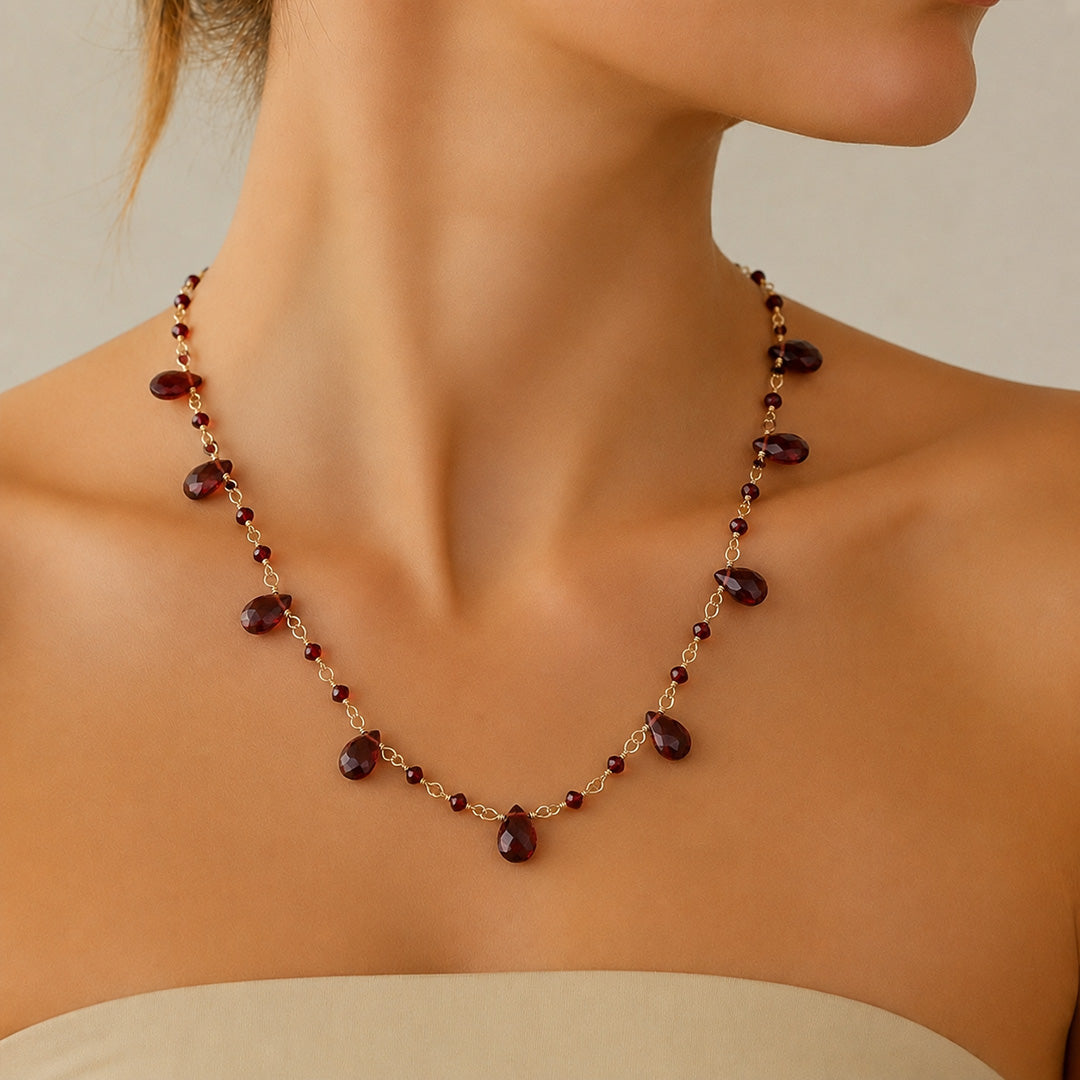 Rose Quartz Drops with Garnet Beads Necklace