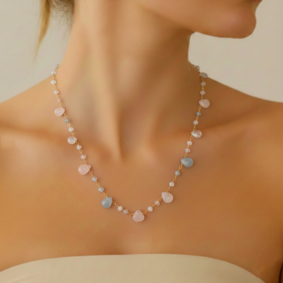 Multi Moonstone Drops with Beads Necklace (White & Blush Pink)