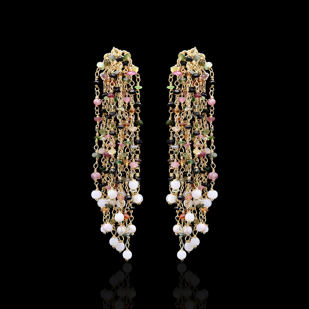 Multi Tourmaline Round Rosario Chain Earrings in Silver