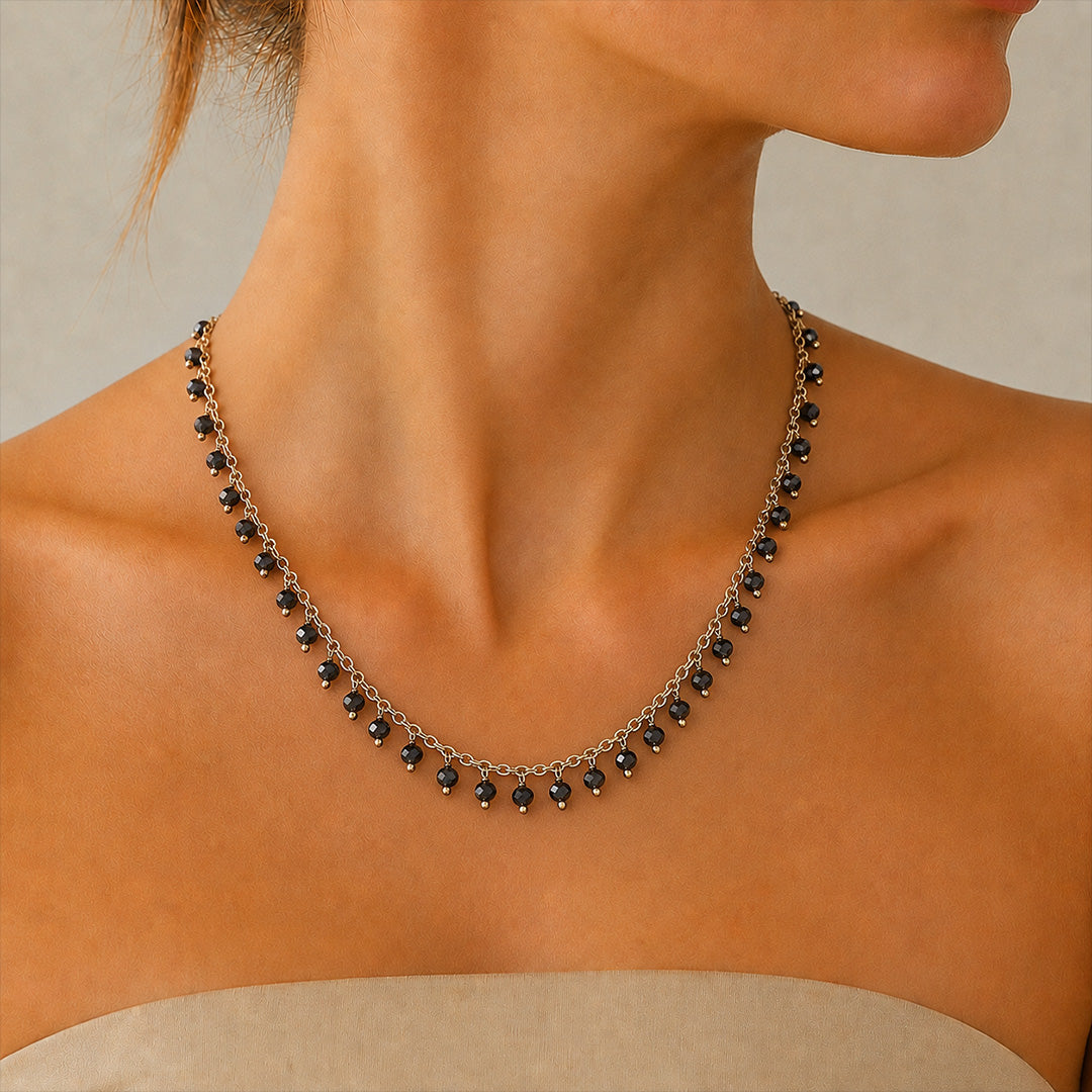 Black Spinel Beads Necklace with Chain