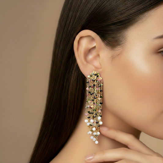 Multi Tourmaline Round Rosario Chain Earrings in Silver