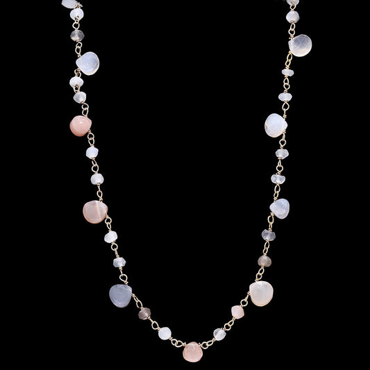 Multi Moonstone Drops with Beads Necklace (White & Blush Pink)