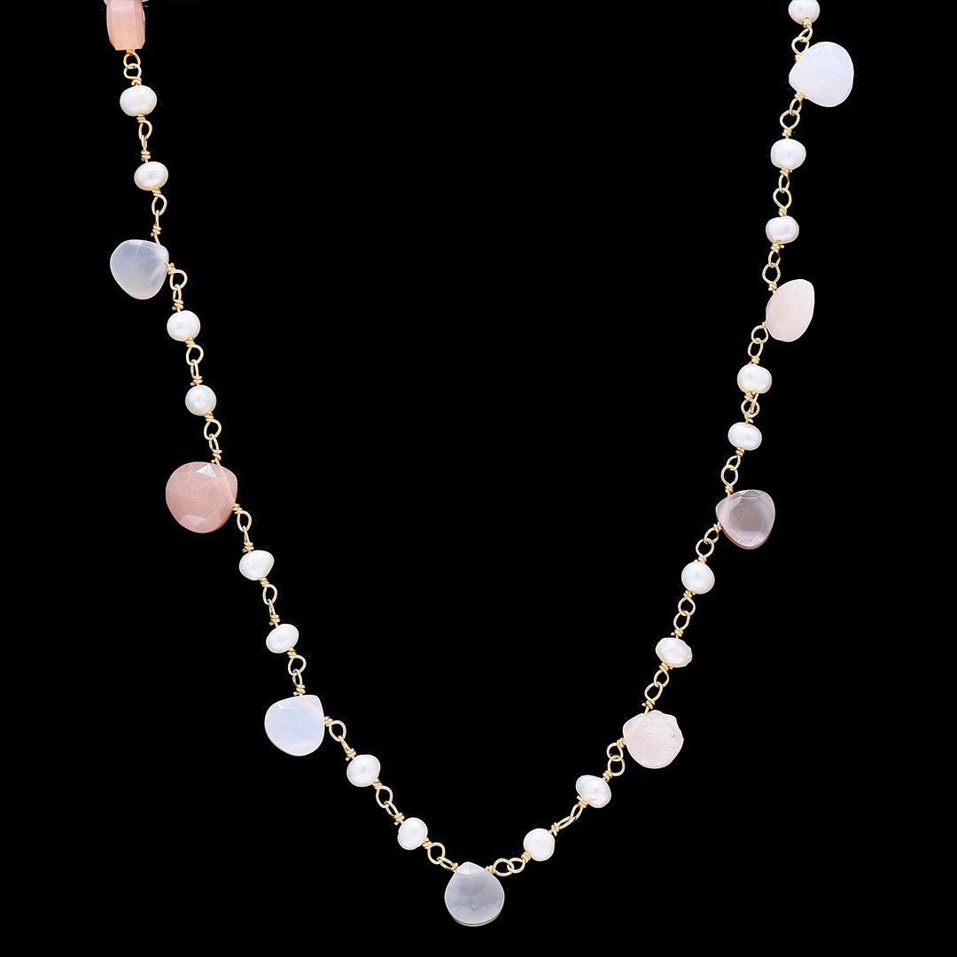 Multi Moonstone Drops with 2 Pearl Necklace