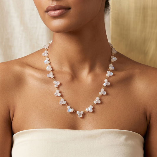 White Rainbow Badam Drops with 2 Beads Necklace (White)