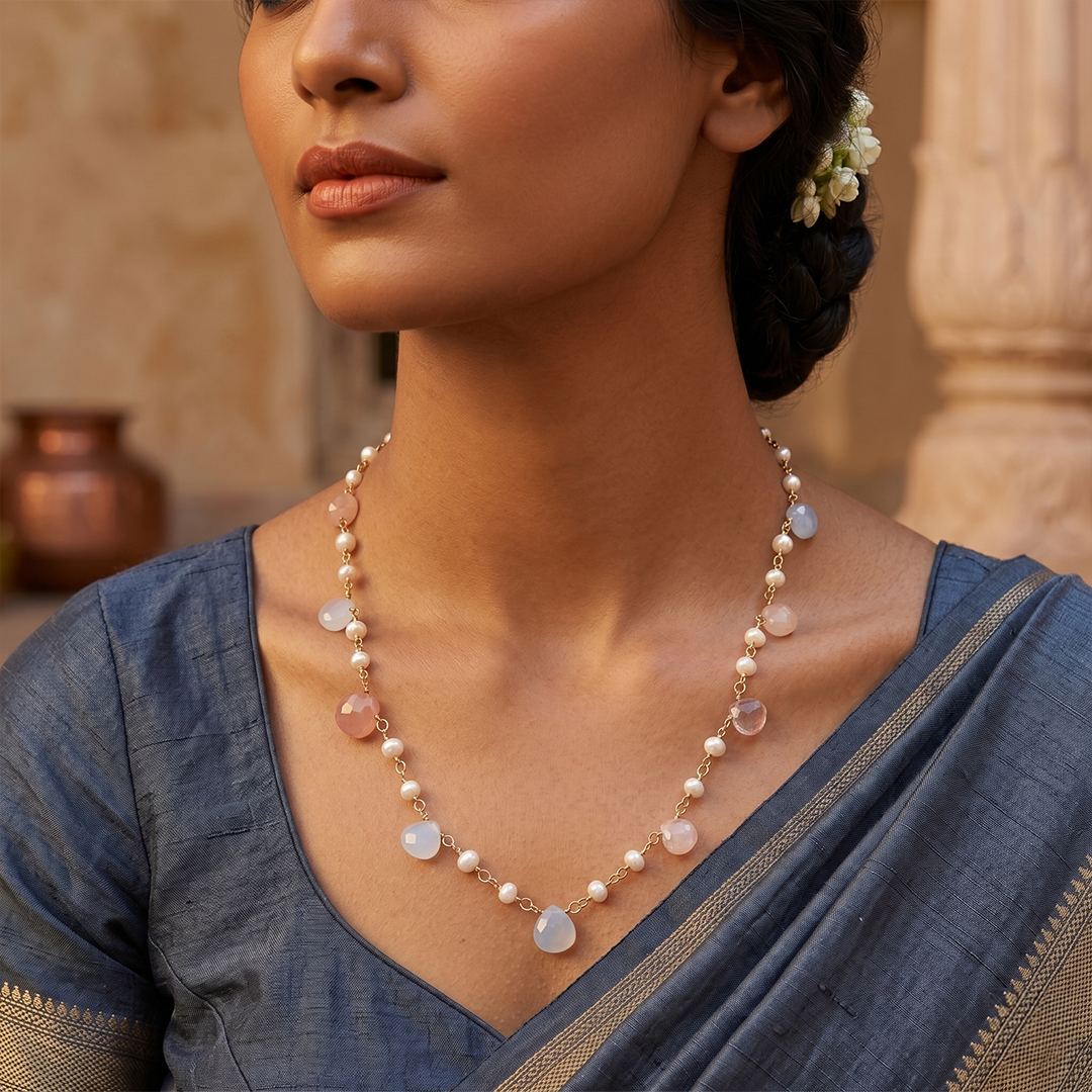 Multi Moonstone Drops with 2 Pearl Necklace