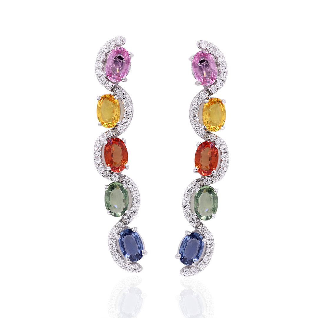 Oval Multi-Sapphire & Diamond Wave Drop Earrings