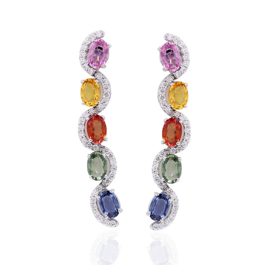 Oval Multi-Sapphire & Diamond Wave Drop Earrings