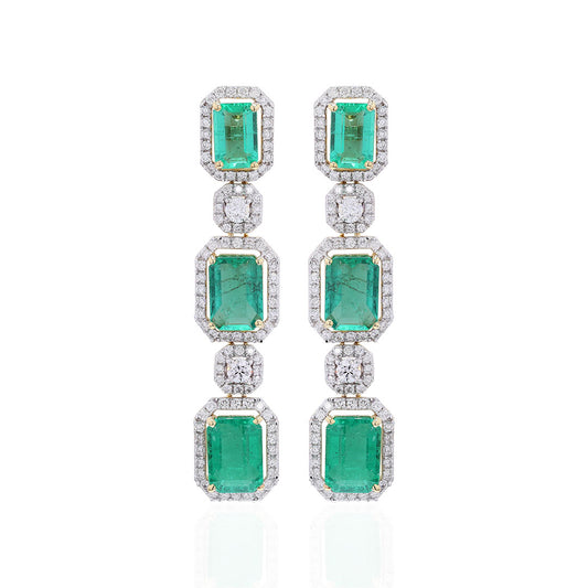 Zambian Emerald & Diamond Octagon Drop Earrings
