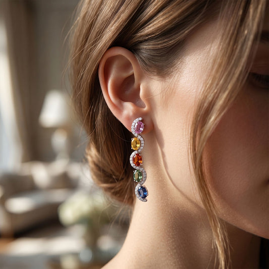 Oval Multi-Sapphire & Diamond Wave Drop Earrings