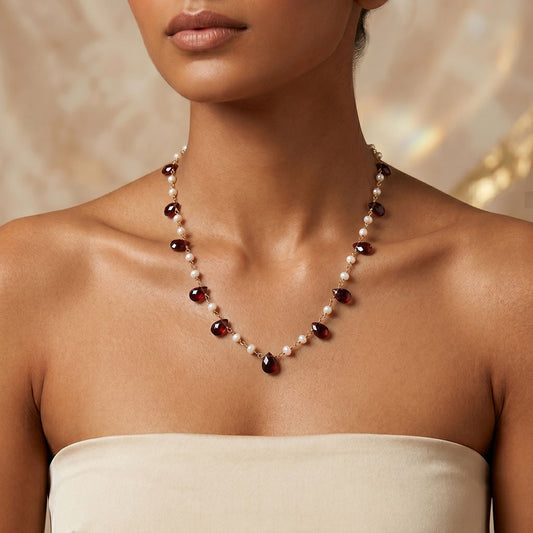 Garnet Drops with 2 Pearl Necklace (Red & White)